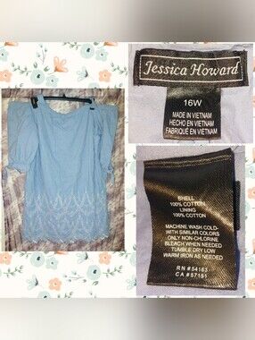 Jessica Howard Lt Blue Chambray Woven Cold Shoulder Dress w/Embroidered Trim 16W